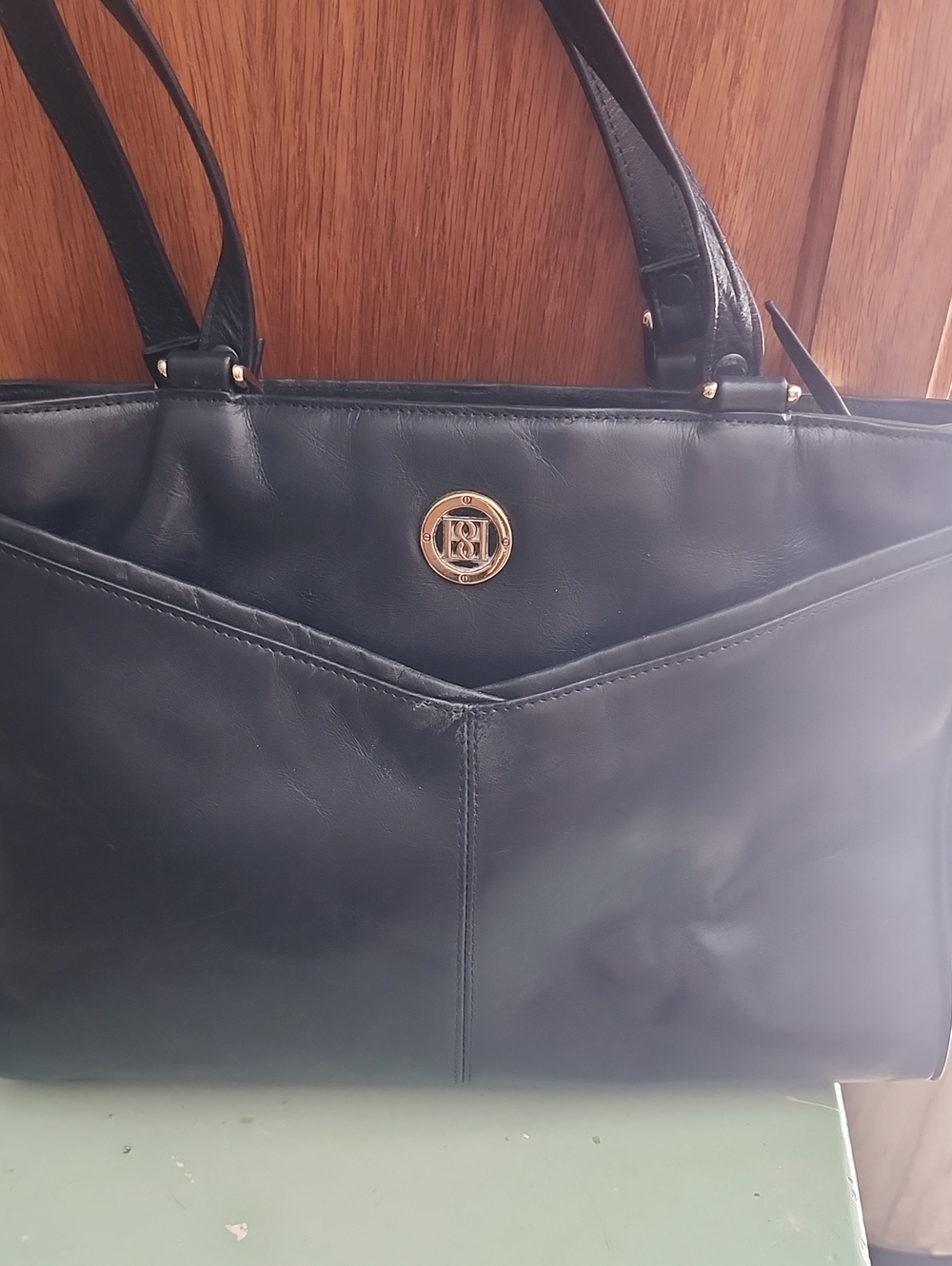 Vtg Borelli Navy Blue Leather Shoulder Bag with Gold Accent